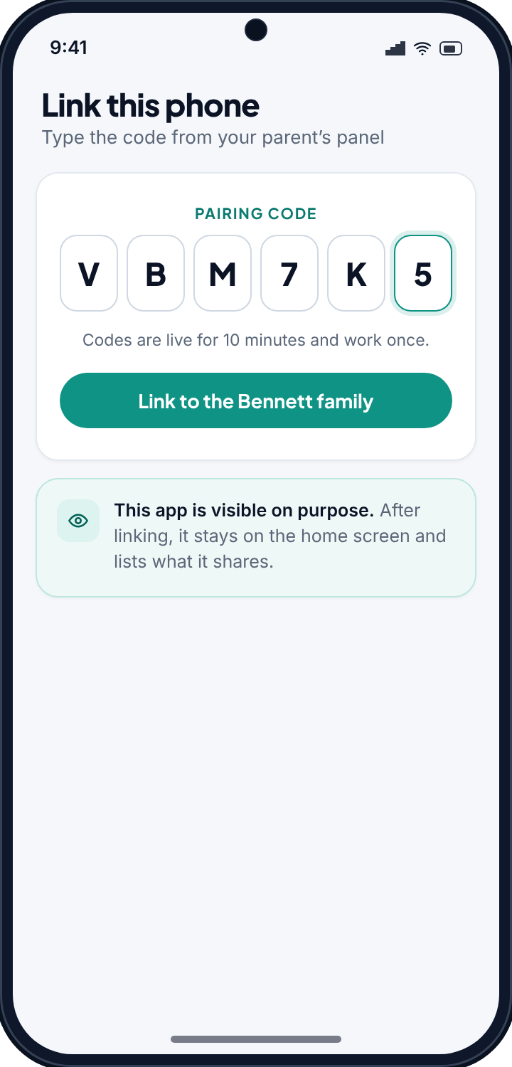 The child's phone with the six-character pairing code typed into the monitoring app and a Link button