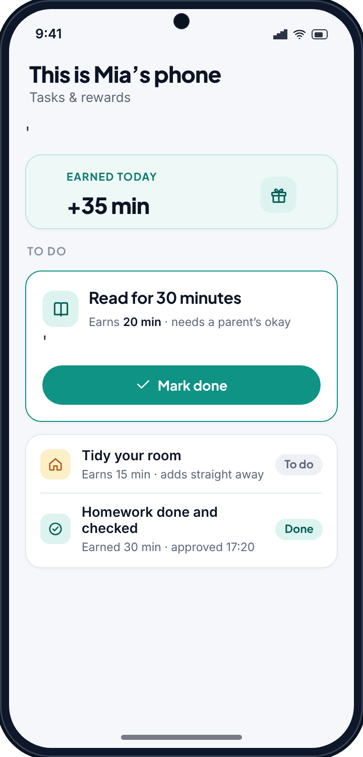 The child's phone showing "Earned today +35 min", a task "Read for 30 minutes — earns 20 min" with a Mark done button, and other chores below