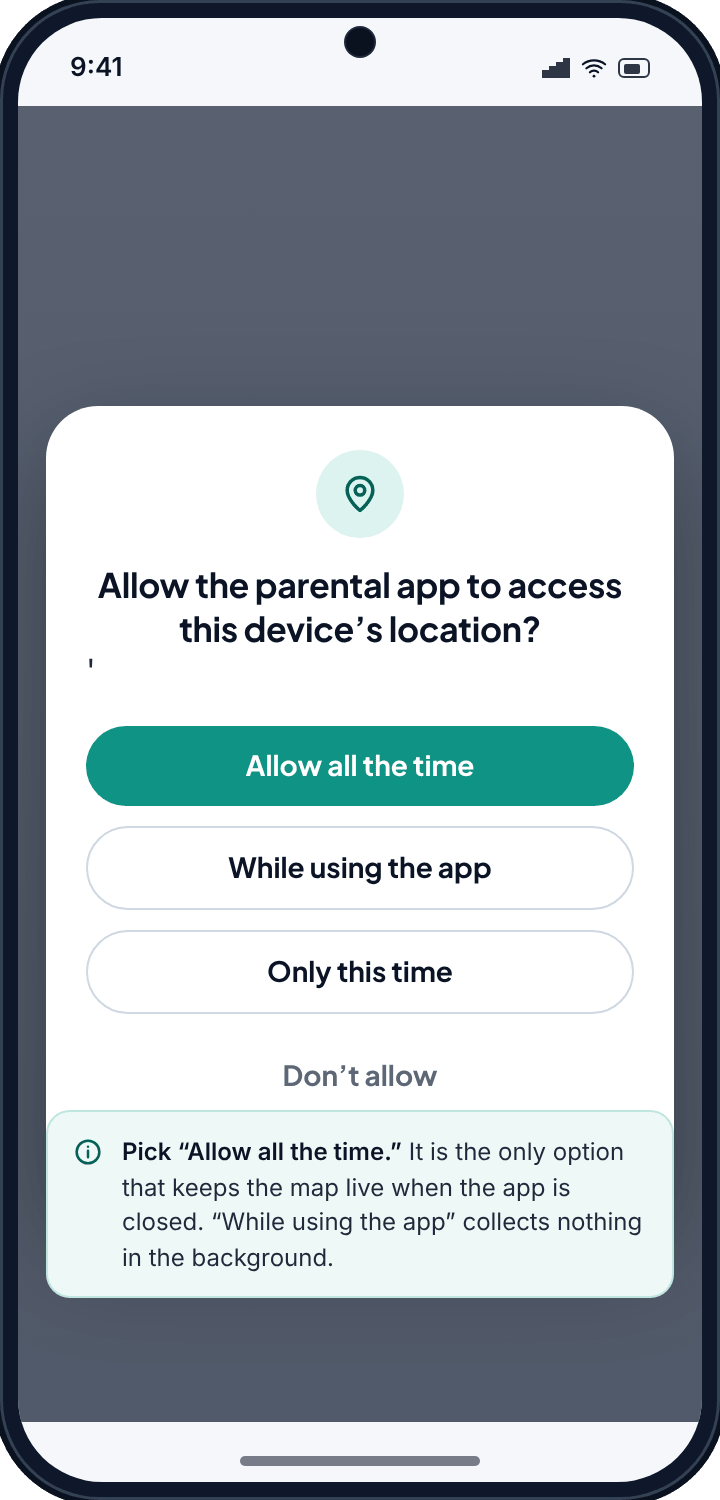 Android’s location permission dialog with “Allow all the time” highlighted and a note explaining why it is needed