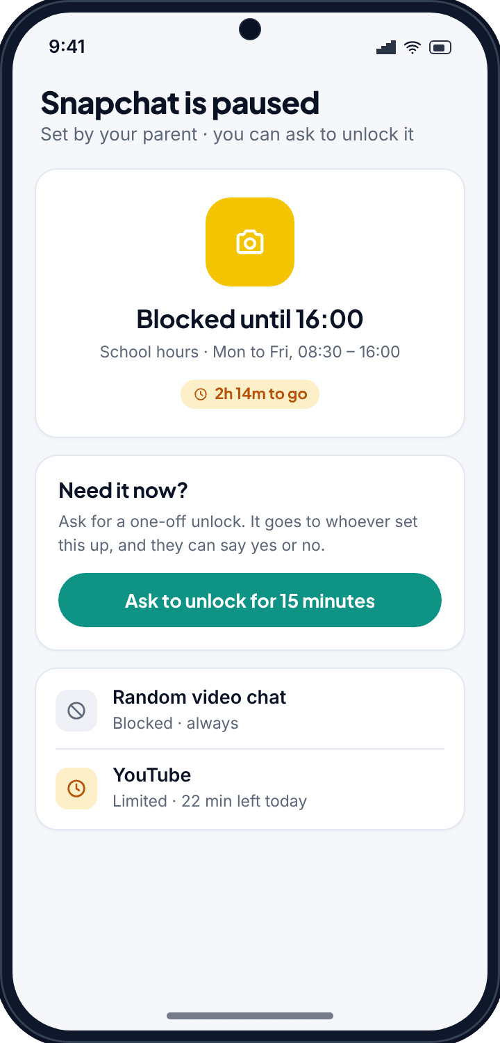 The child’s phone showing that Snapchat is paused until 16:00 by the School hours rule, with a button to ask for a fifteen-minute unlock
