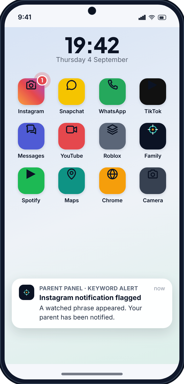 A child’s phone home screen with social app icons and a TheTruthSpy keyword alert notice