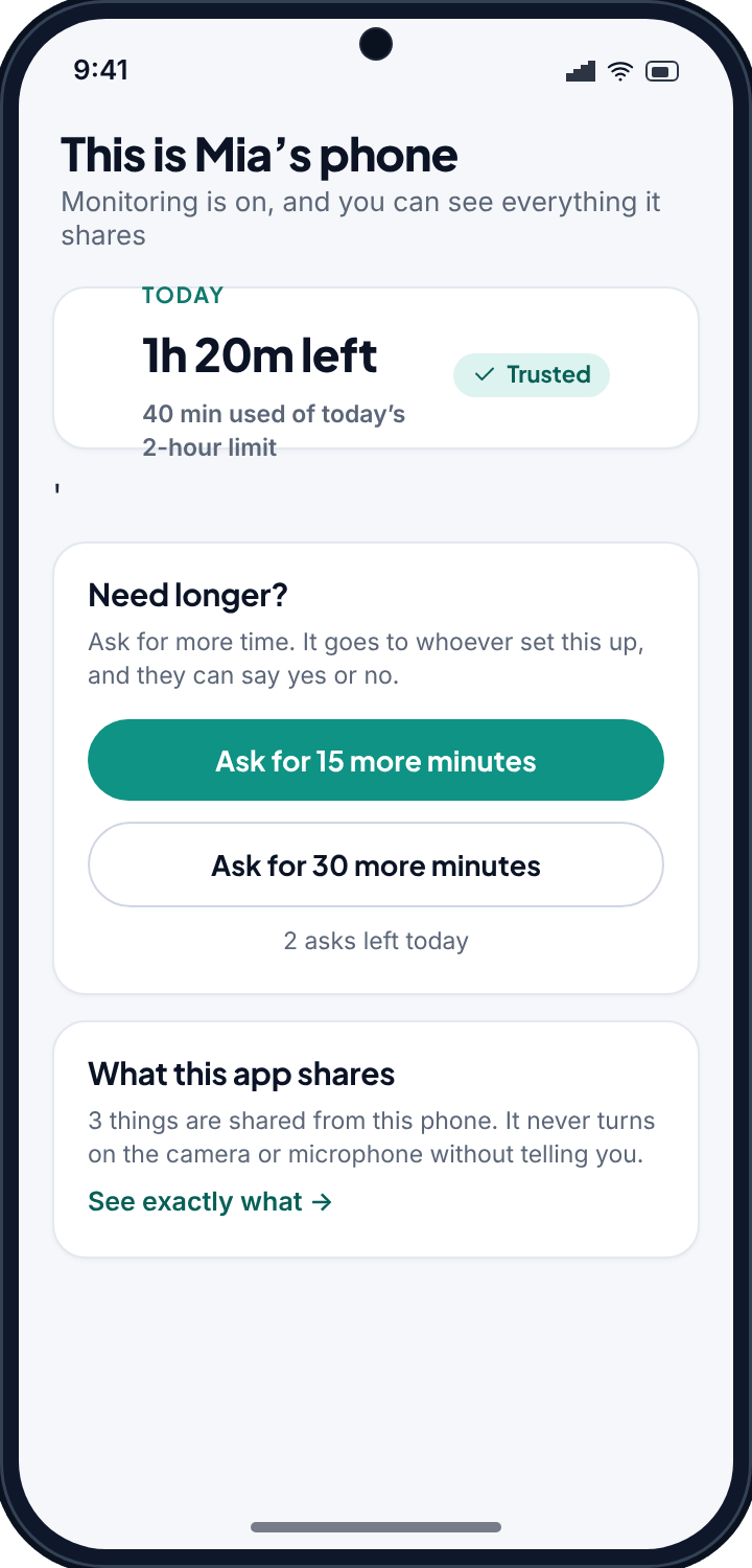 The TheTruthSpy app on a child’s phone, showing time left today and buttons to ask for more