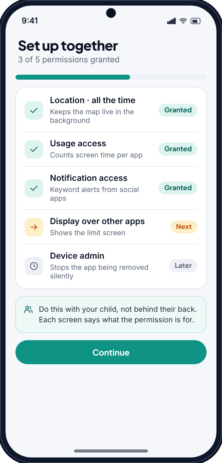 The TheTruthSpy setup checklist on a child’s phone, with three of five permissions granted and the next one highlighted