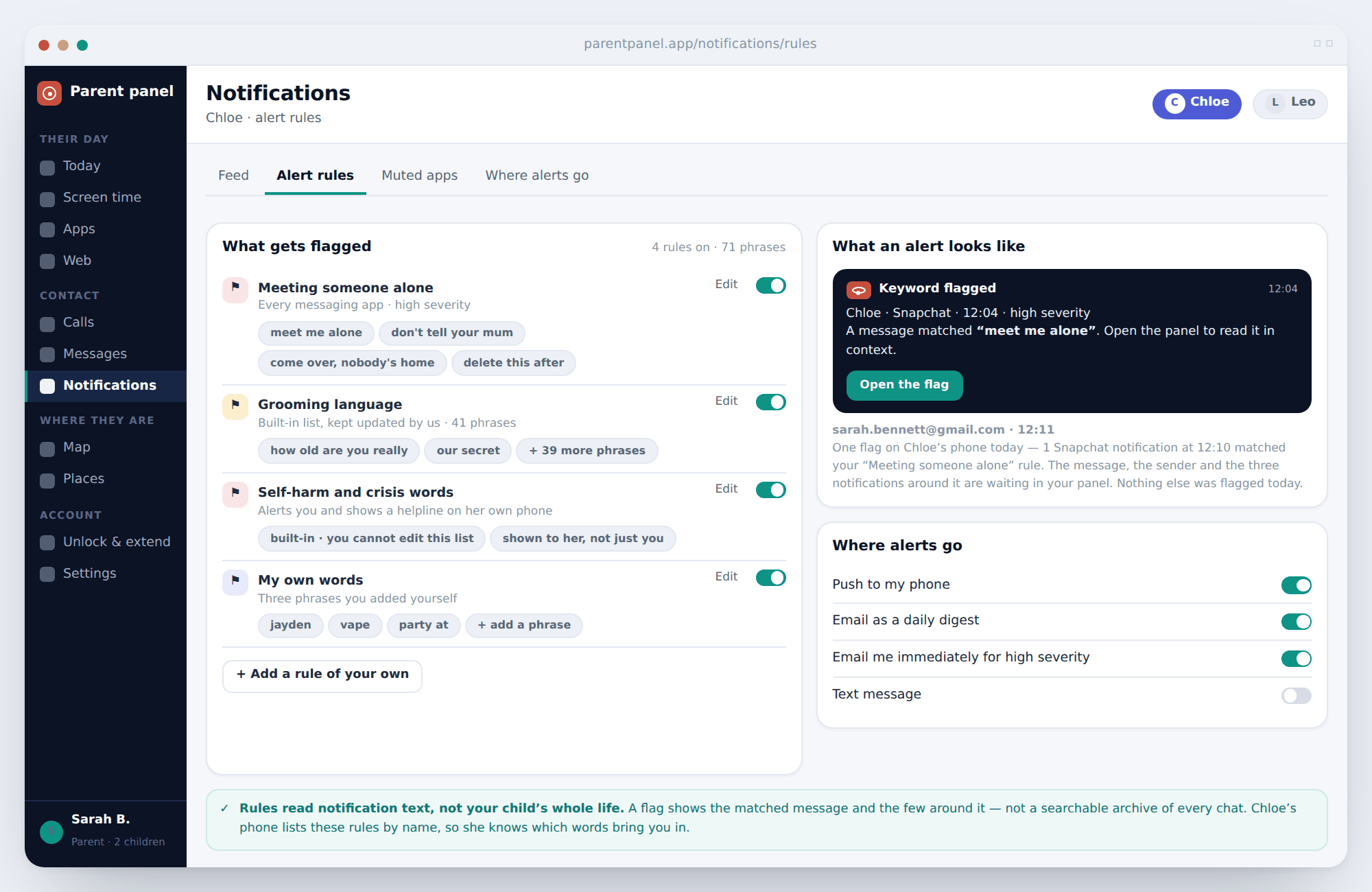 Grouped rules for meeting alone, grooming language and crisis words, with delivery settings for push and email