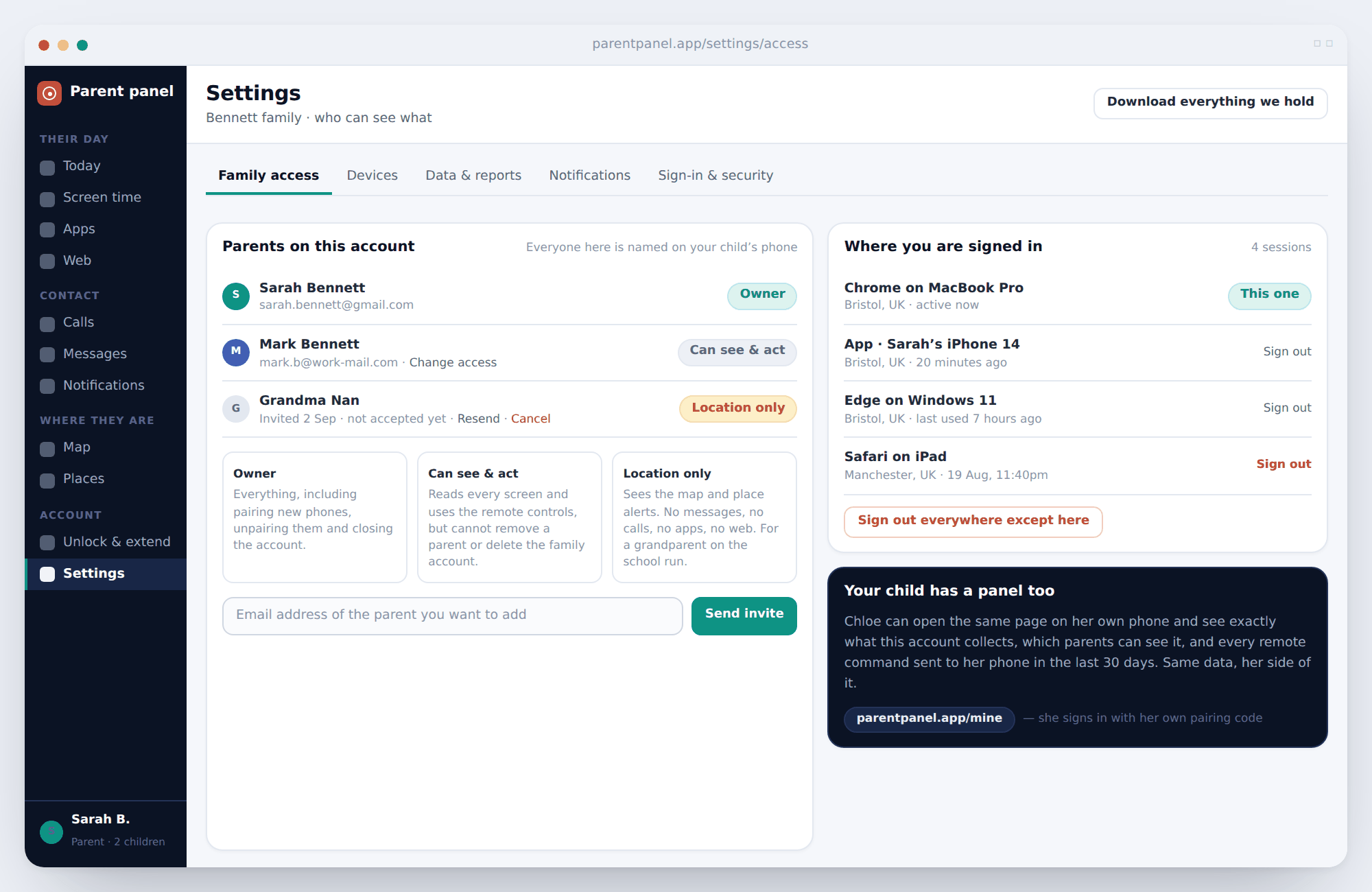 Parents with owner, see-and-act and location-only levels, plus a list of signed-in browser and app sessions