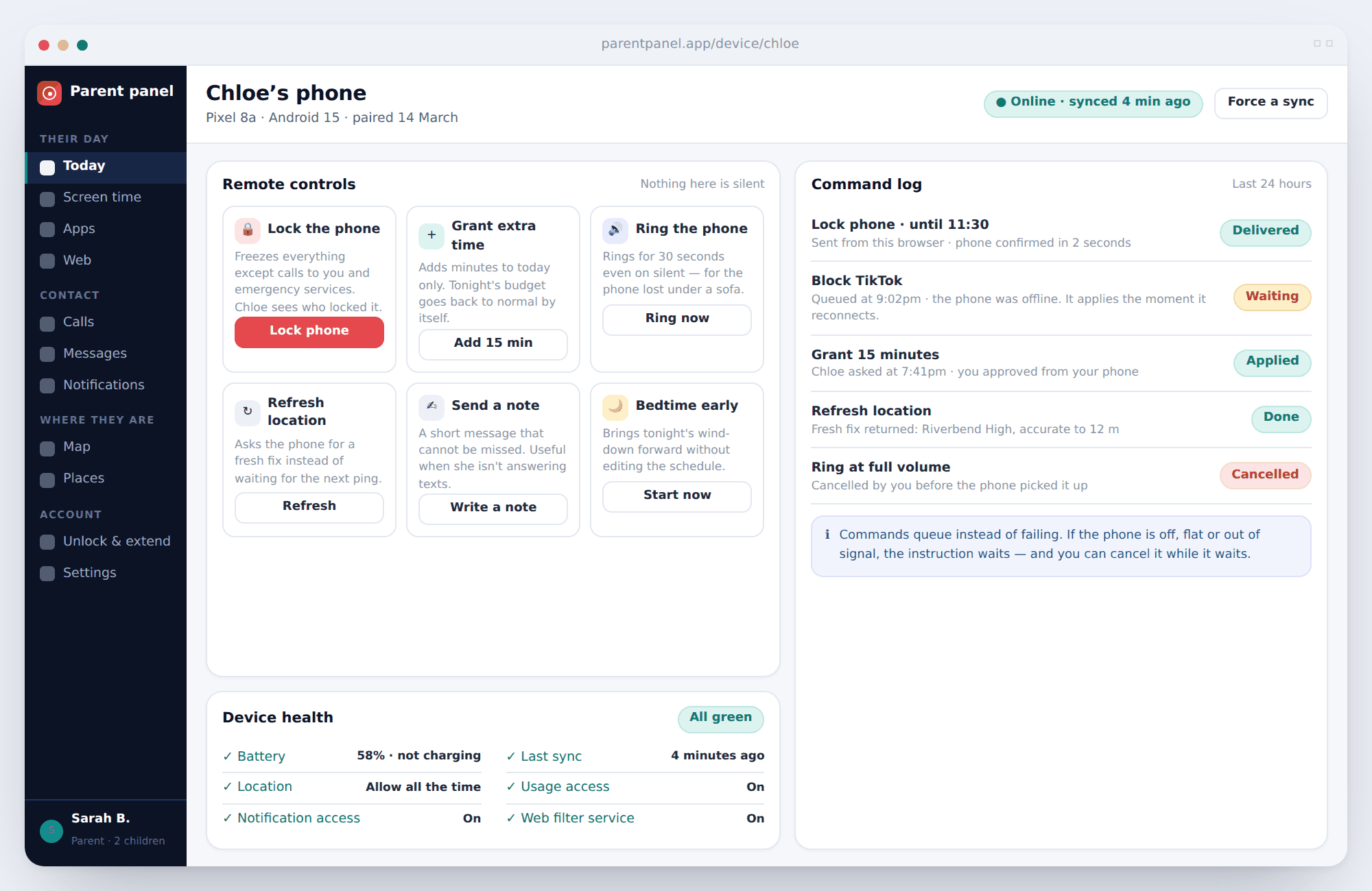 Lock phone, grant extra time, ring, refresh location and send a note, beside a command log showing delivered, queued and cancelled instructions