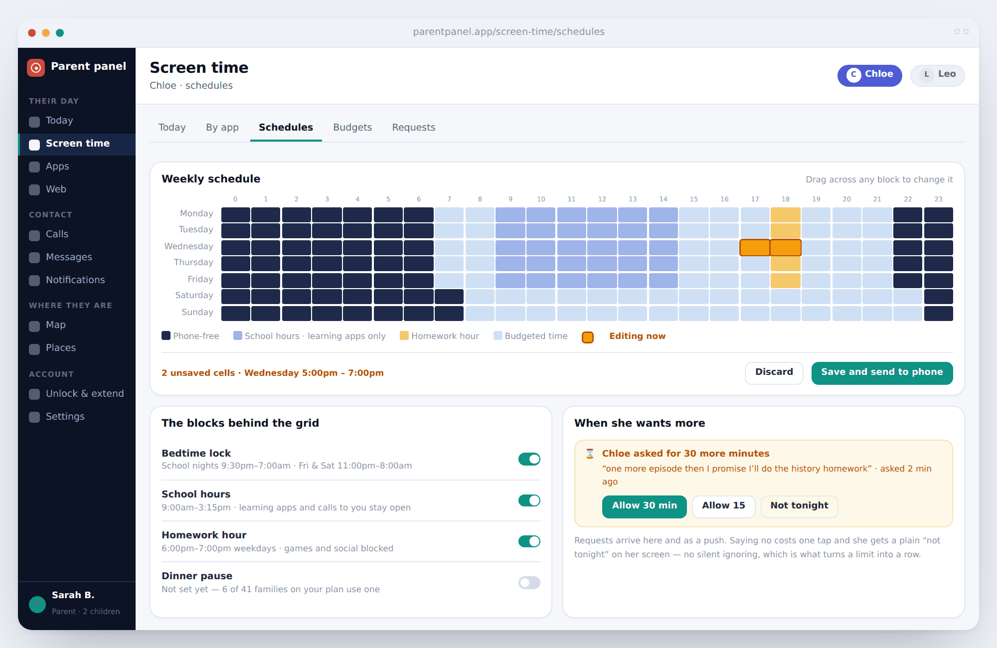 A seven-day hourly grid with bedtime, school hours and homework blocks, plus a pending request for more time