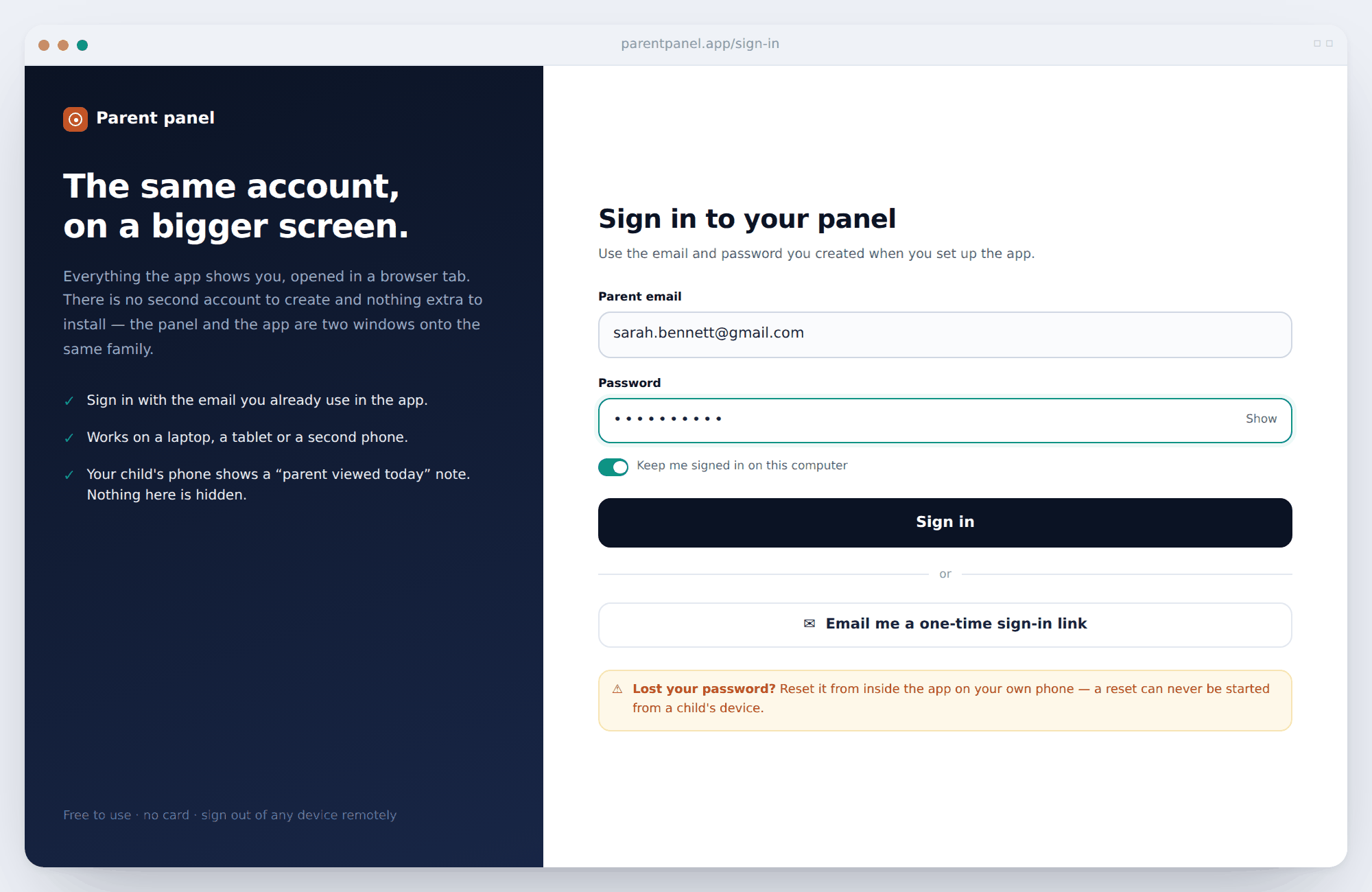 The web dashboard sign-in screen with parent email, password and a one-time sign-in link option