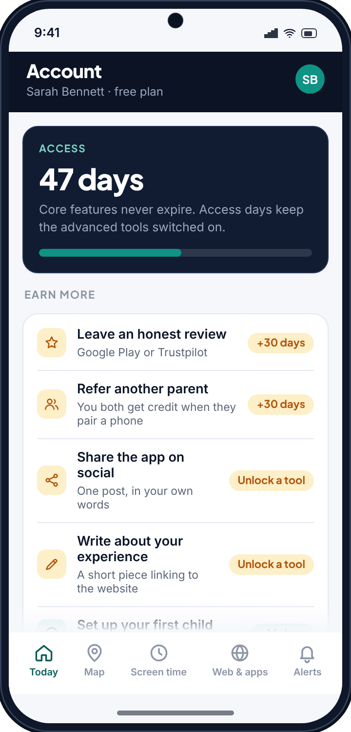 The TheTruthSpy account screen showing 47 access days and the tasks that add more