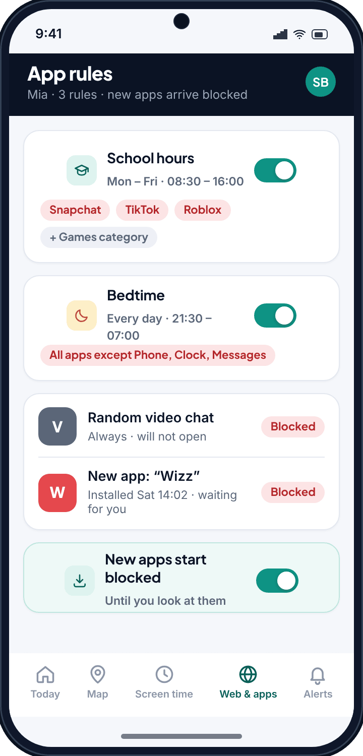The App rules screen: a School hours schedule blocking Snapchat, TikTok and Roblox, a Bedtime rule, two blocked apps and a switch that makes new apps start blocked