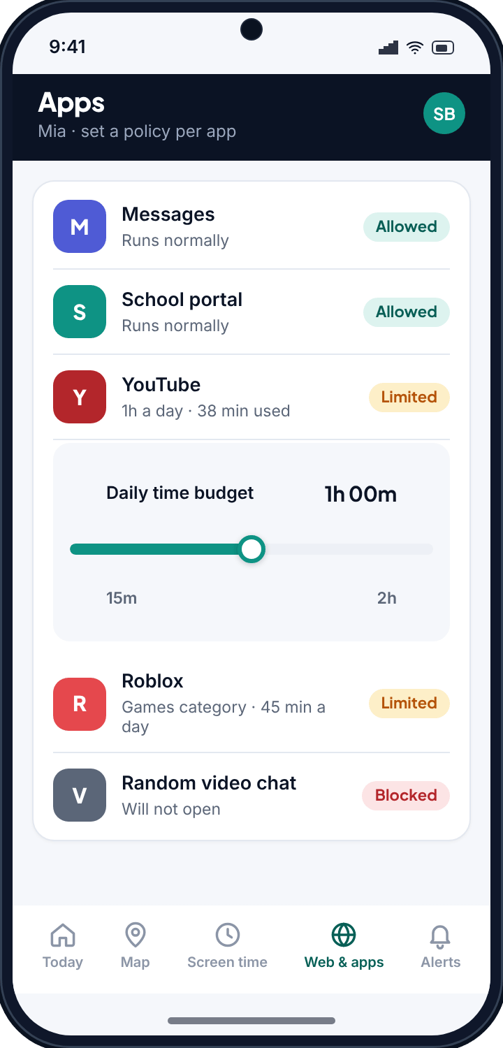 The TheTruthSpy app list where each app shows an Allowed, Limited or Blocked pill, with a video app expanded to a one-hour daily budget slider