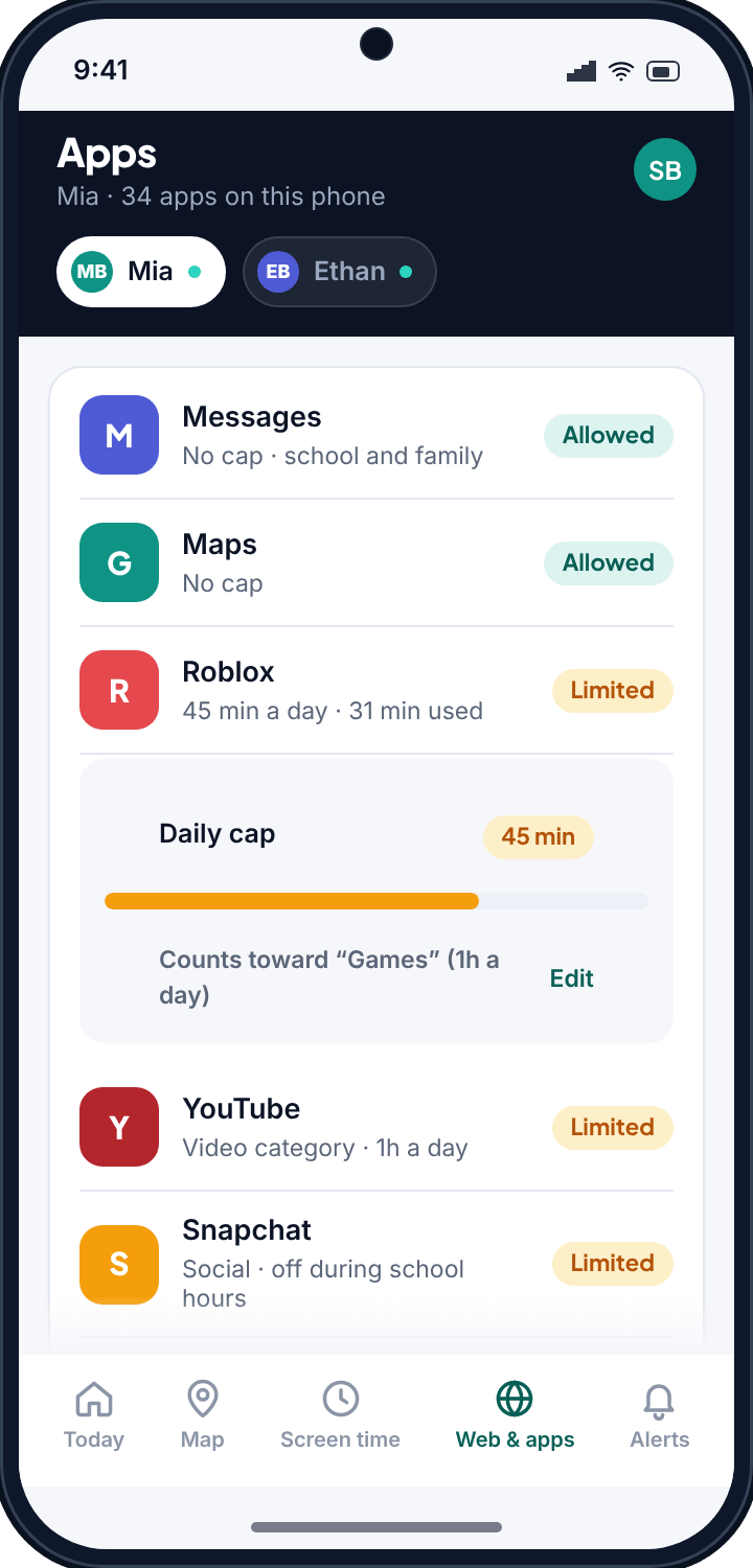 The TheTruthSpy app list with Allowed, Limited and Blocked labels, and one game expanded to show a 45-minute daily cap