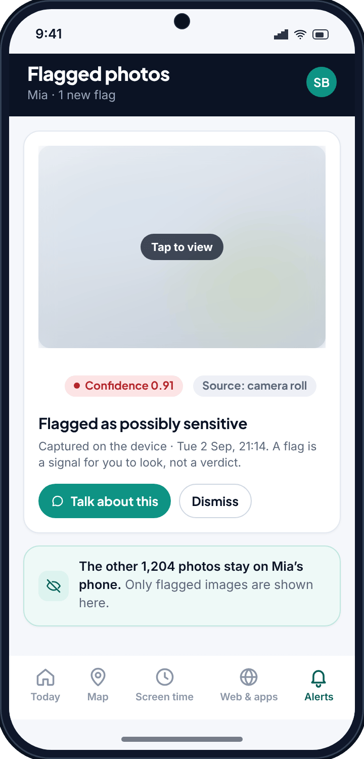 A single flagged photo card in the TheTruthSpy panel with a confidence score, a source label and a Talk about this button