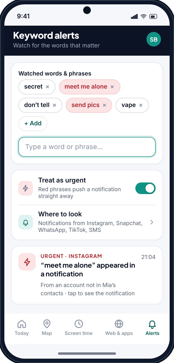 The keyword alerts screen with watched phrases such as “secret”, “meet me alone” and “send pics”, and an urgent toggle