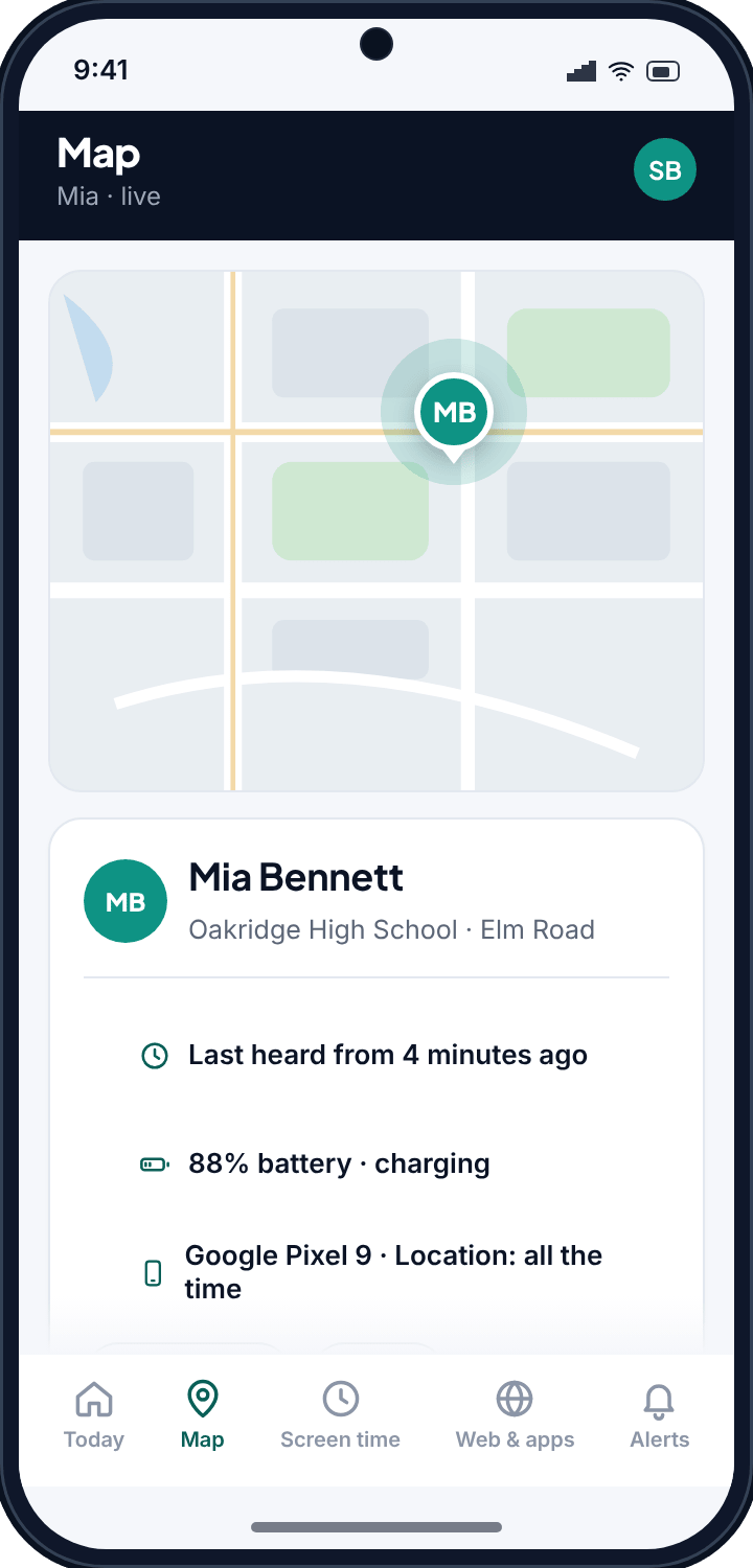 A single child card on the TheTruthSpy map showing the address, last heard from 4 minutes ago, and 88% battery charging