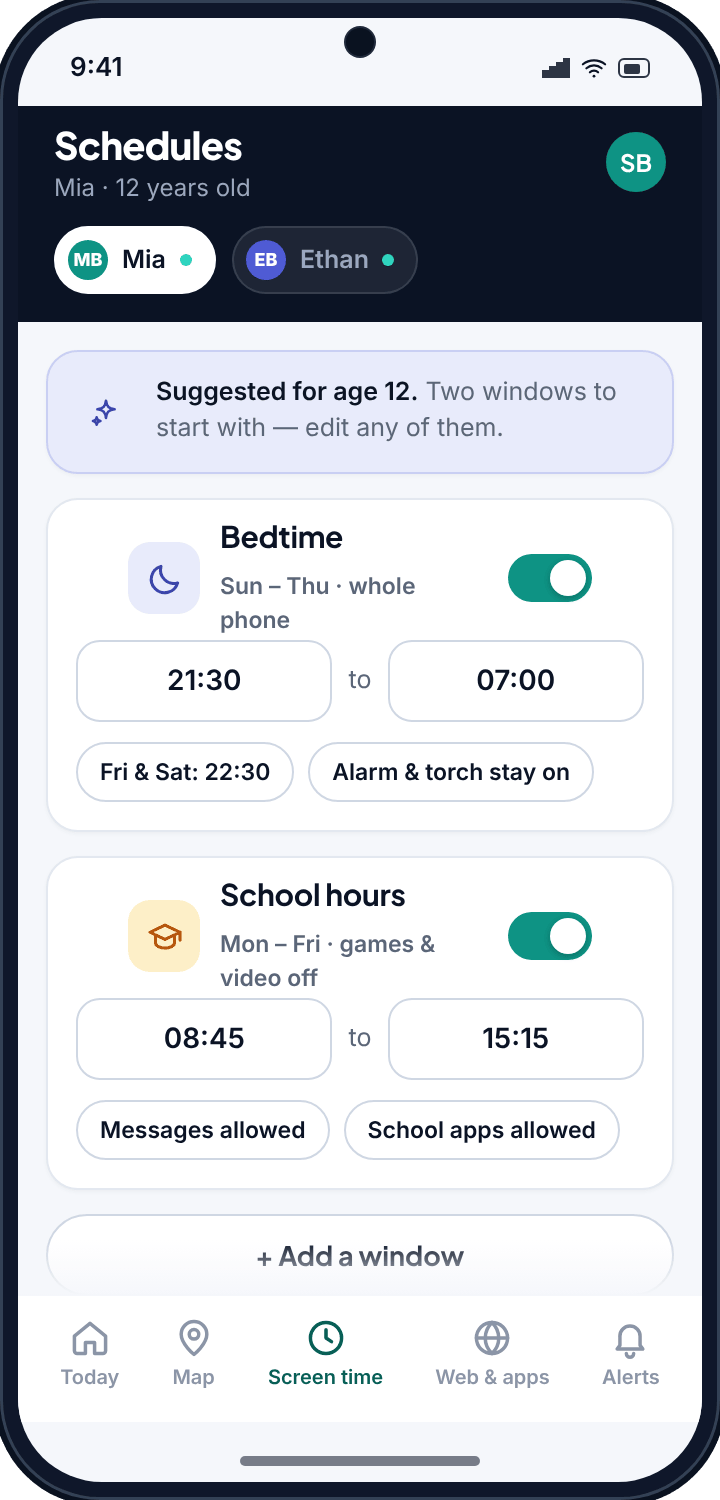 The schedule editor with a Bedtime window of 21:30 to 07:00 and a School hours window of 08:45 to 15:15, with a suggestion for age 12