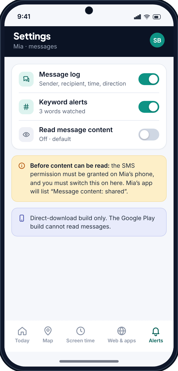 The message settings screen with the log and keyword alerts on, and “Read message content” in its default off state, with the permission requirement noted beneath