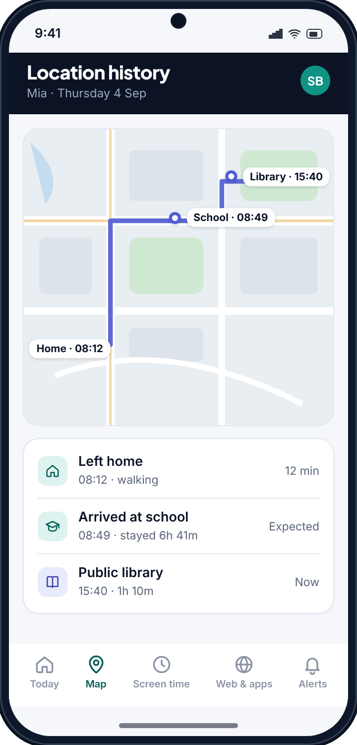 A day’s location trail on the TheTruthSpy map with timestamped stops at home, school and the library