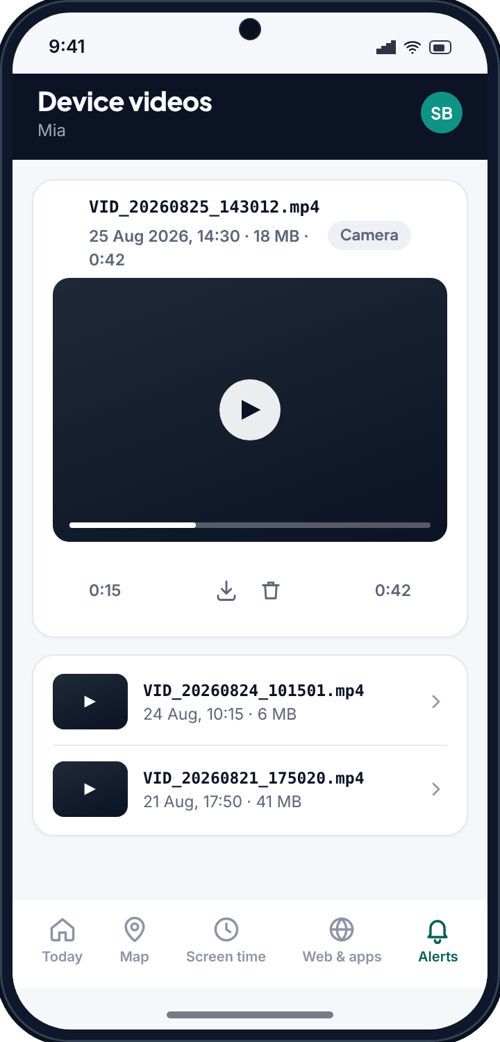 A single video expanded to play, showing the capture time 25 Aug 2026, 14:30 and the size 18 MB above the player