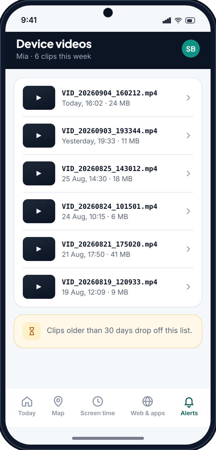 The TheTruthSpy device videos list with a thumbnail, filename, capture time and file size for each clip