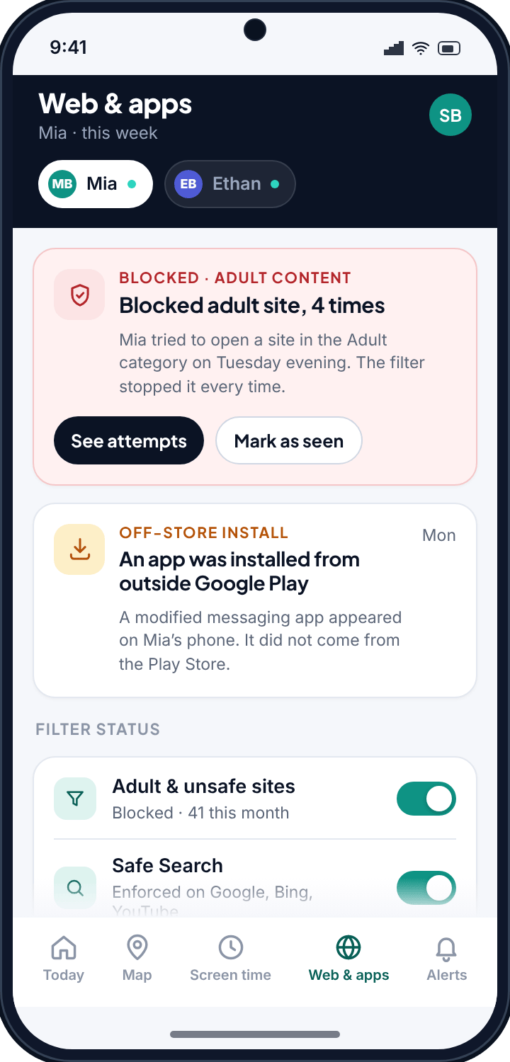 The TheTruthSpy web and apps page showing a blocked adult site card with an attempt count