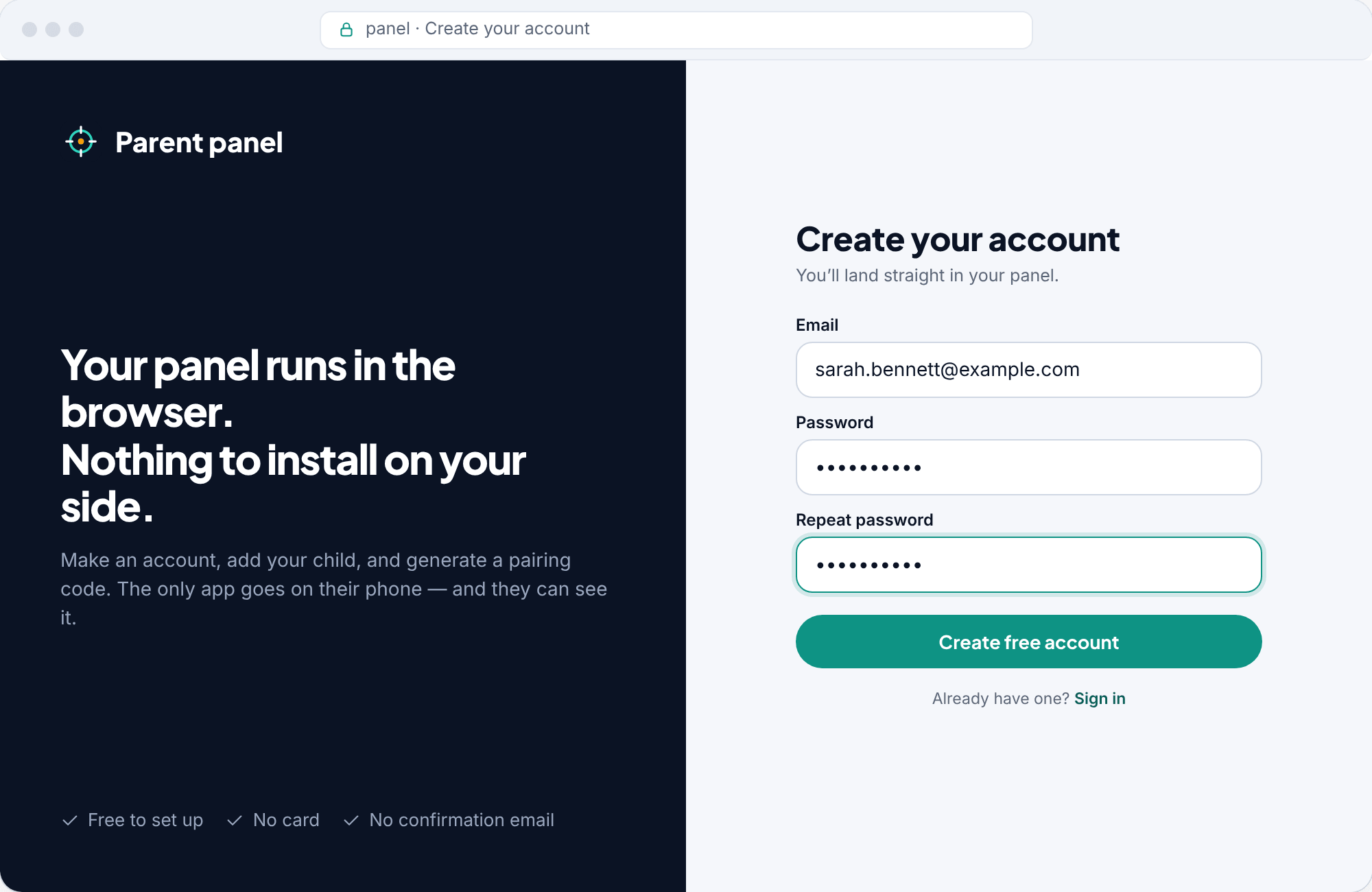 The TheTruthSpy sign-up page in a web browser with email, password and repeat-password fields