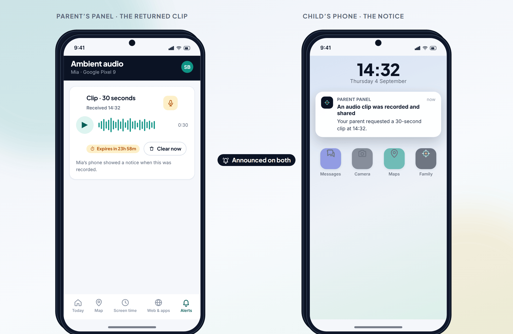 Left: the parent’s panel with a returned 30-second clip and an expiry countdown. Right: the child’s phone showing a notice that an audio clip was recorded and shared