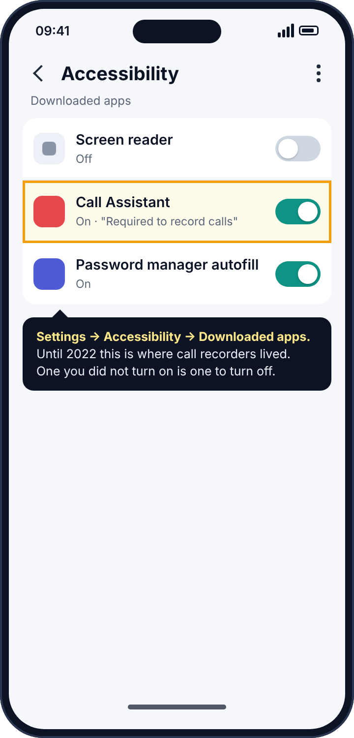 Android's Accessibility downloaded apps list with an unrecognised app switched on and described as required to record calls