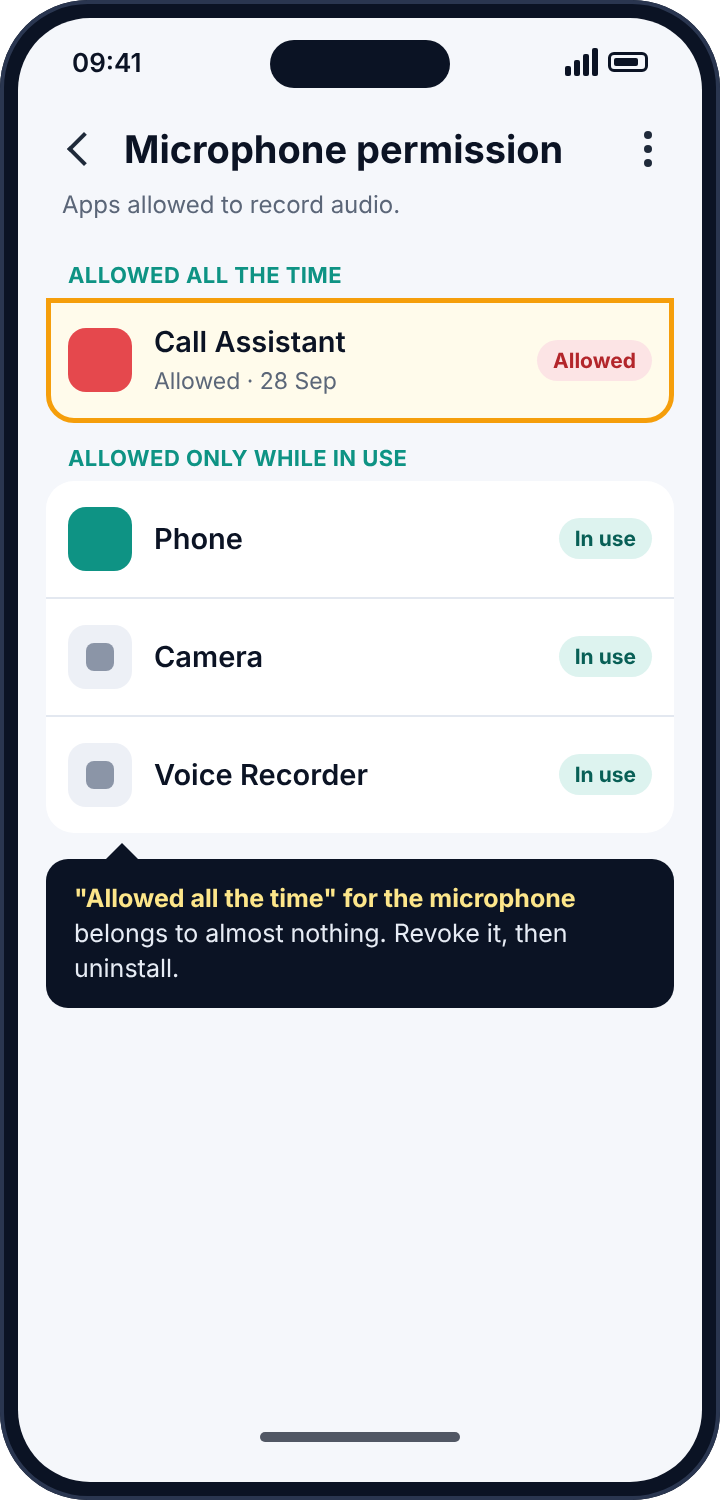 Android's Microphone permission manager showing an unrecognised app allowed all the time