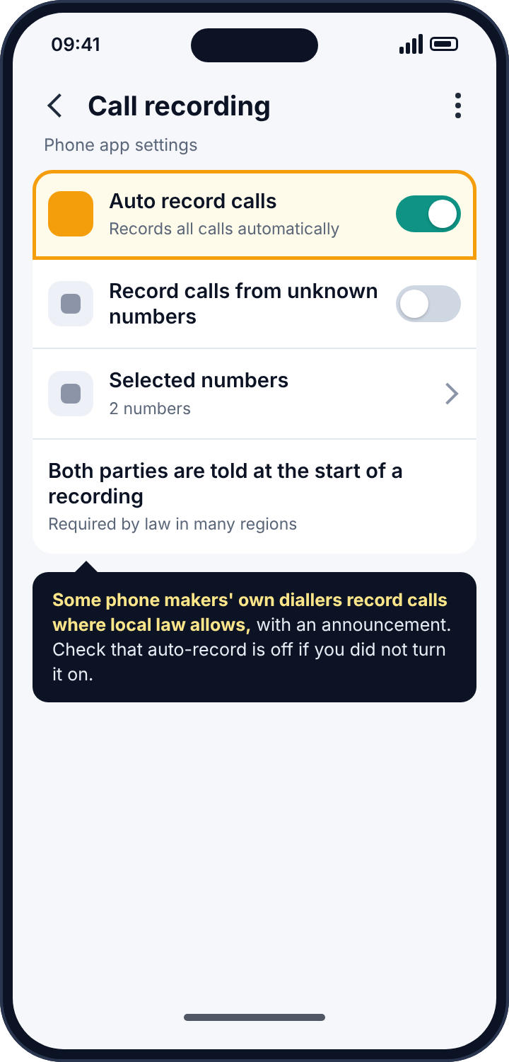 A phone app's call recording settings with Auto record calls switched on