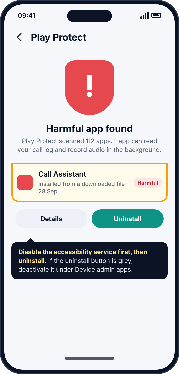 Google Play Protect scan result reporting one harmful app that can read the call log and record audio