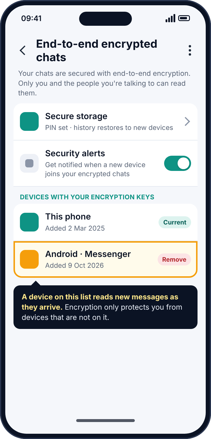 Messenger's end-to-end encrypted chats settings listing the devices that hold the encryption keys, with an unrecognised Android device highlighted