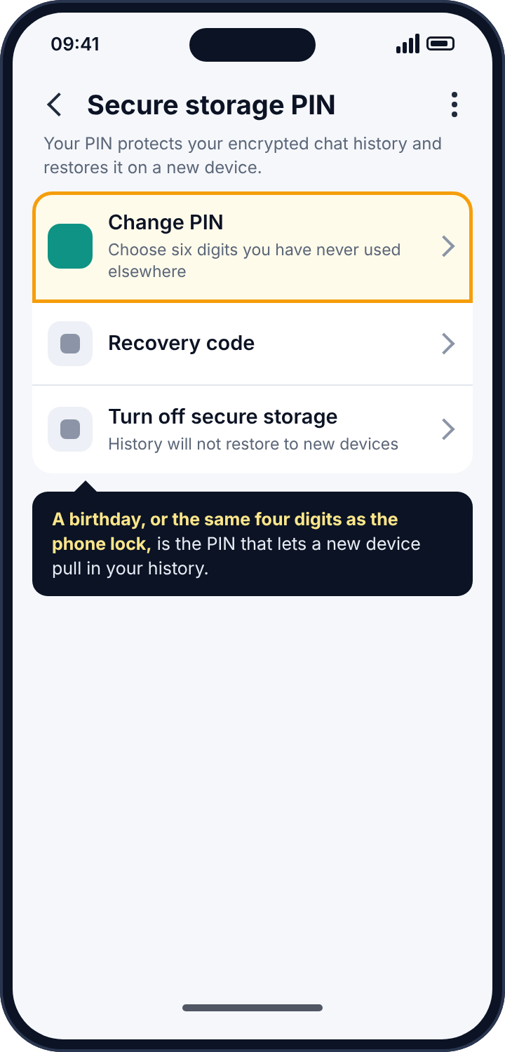 Messenger's secure storage PIN settings with Change PIN highlighted