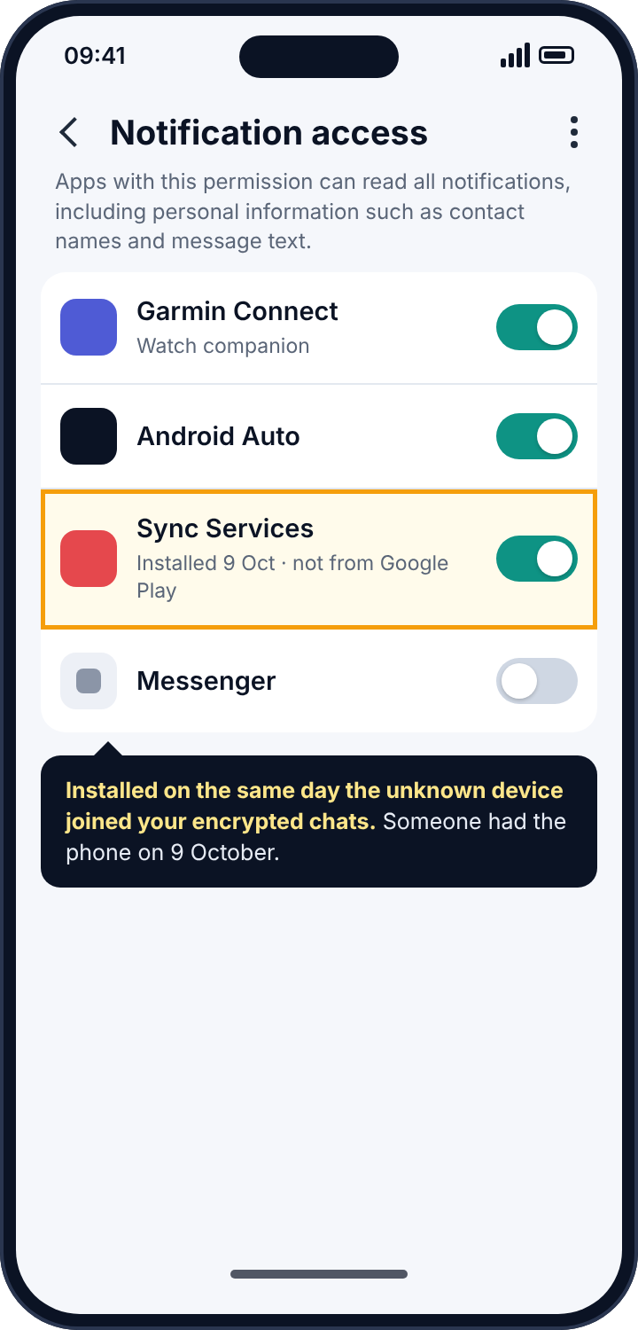 Android's Notification access screen with an unrecognised app named Sync Services switched on and highlighted