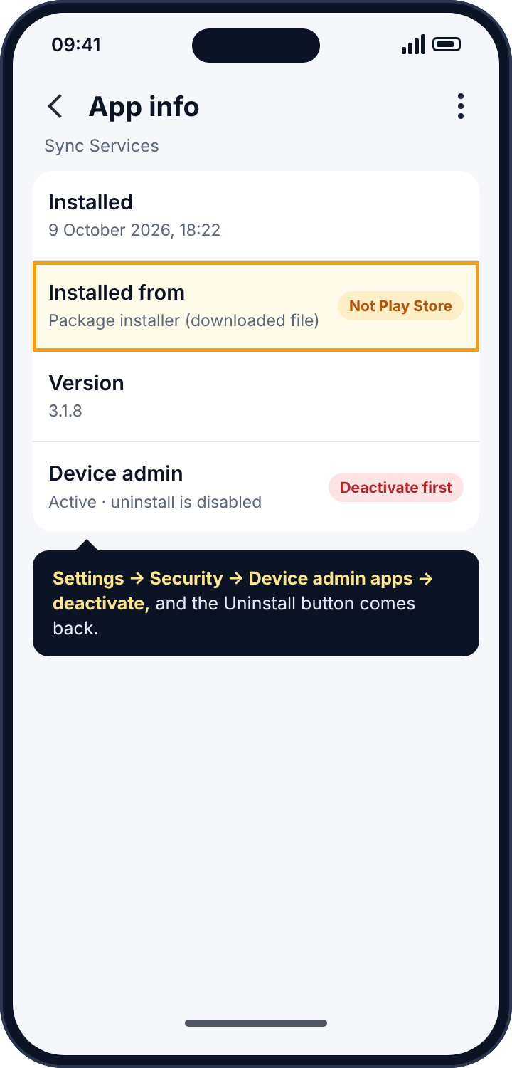 Android's App info screen for an unrecognised app, showing it was installed from a downloaded file and is an active device admin