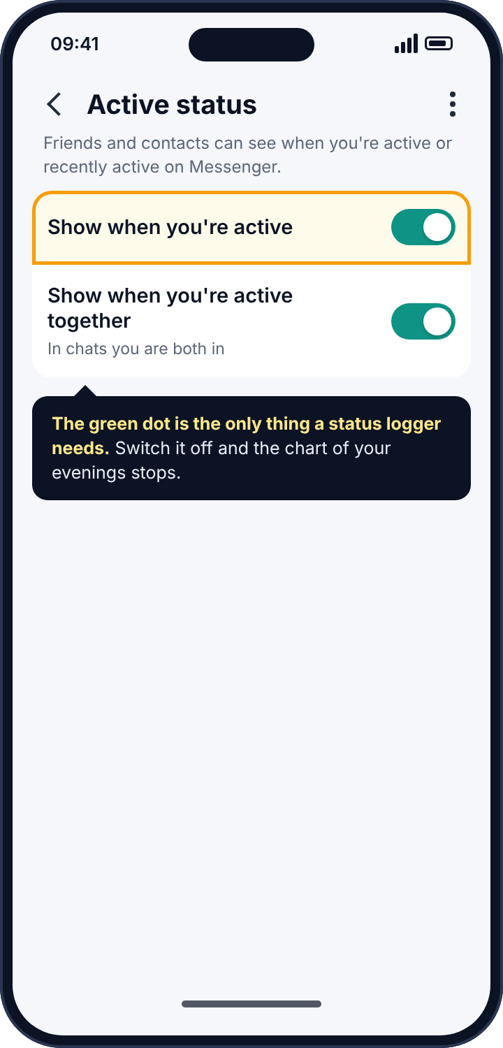 Messenger's Active status setting with show-when-active switched on and highlighted