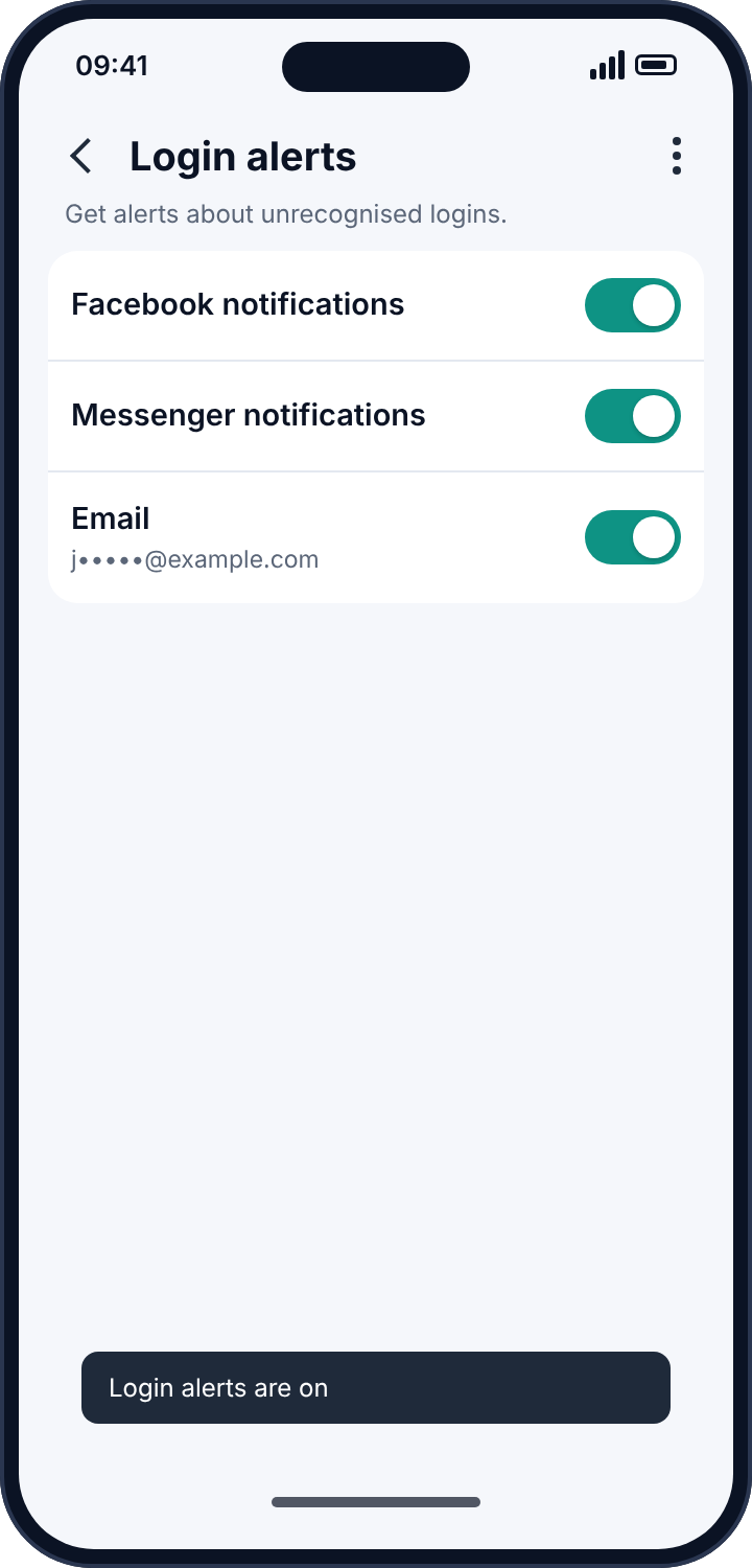 Facebook's Login alerts settings with notifications and email alerts switched on