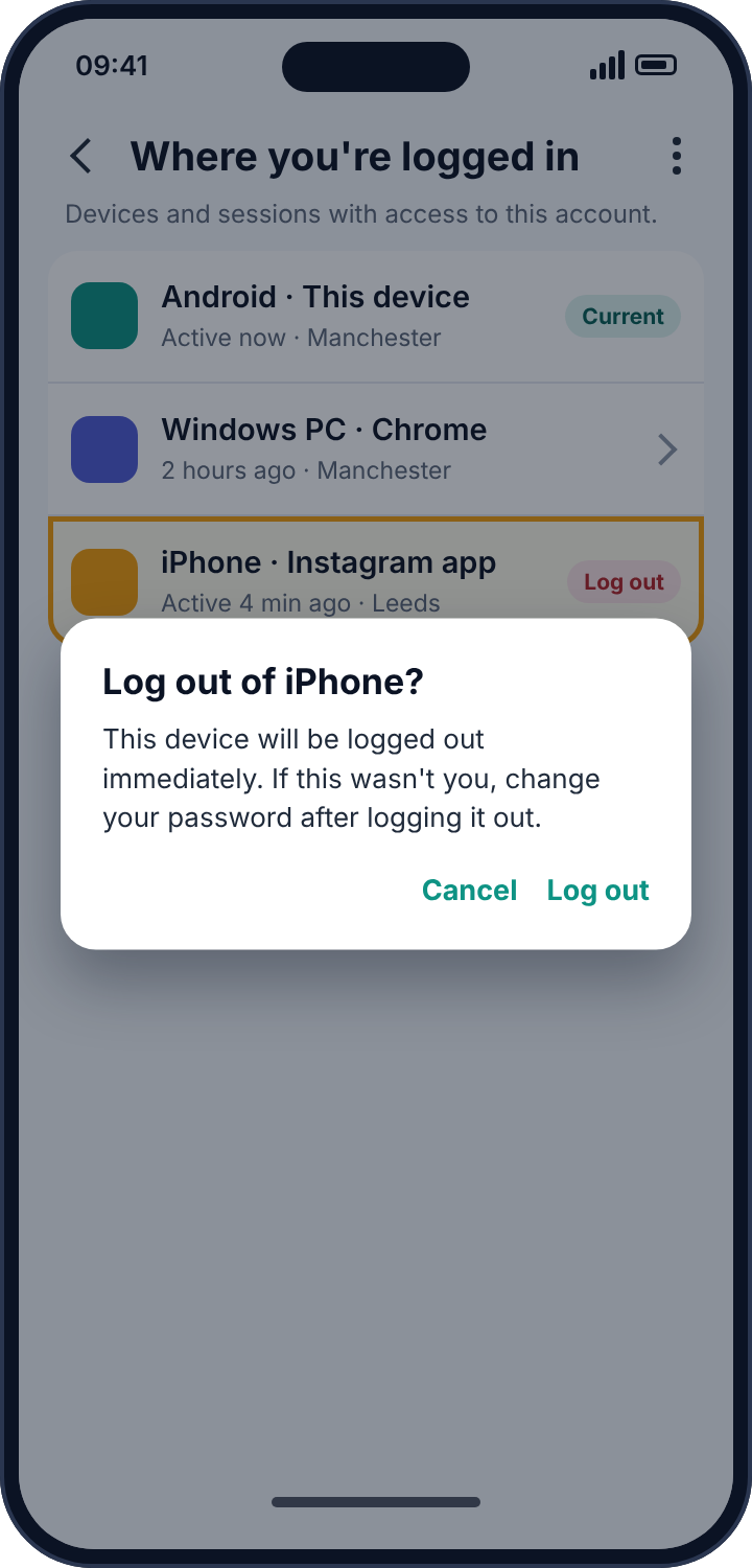 Instagram's log-out confirmation for an unrecognised iPhone session