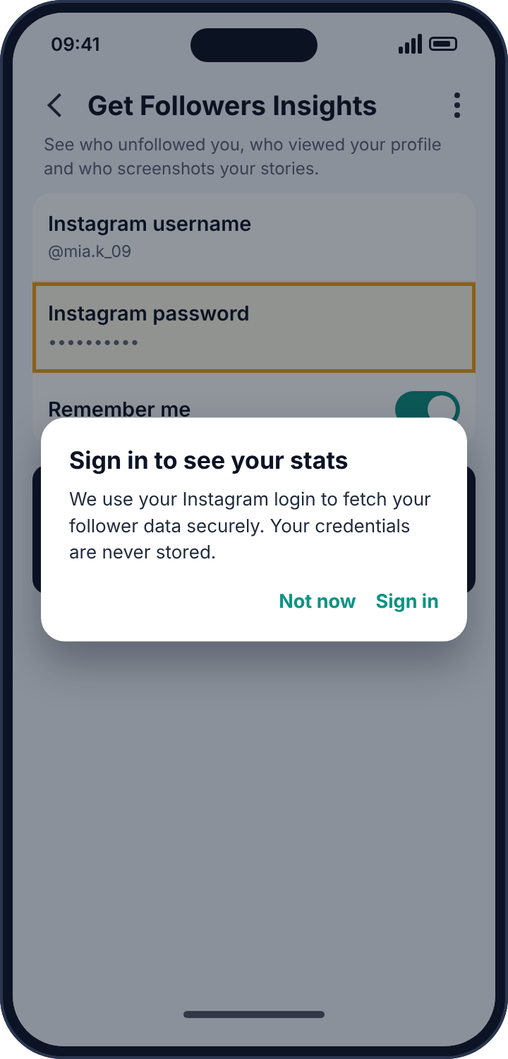 A third-party follower-stats app asking for an Instagram username and password, with the password field highlighted