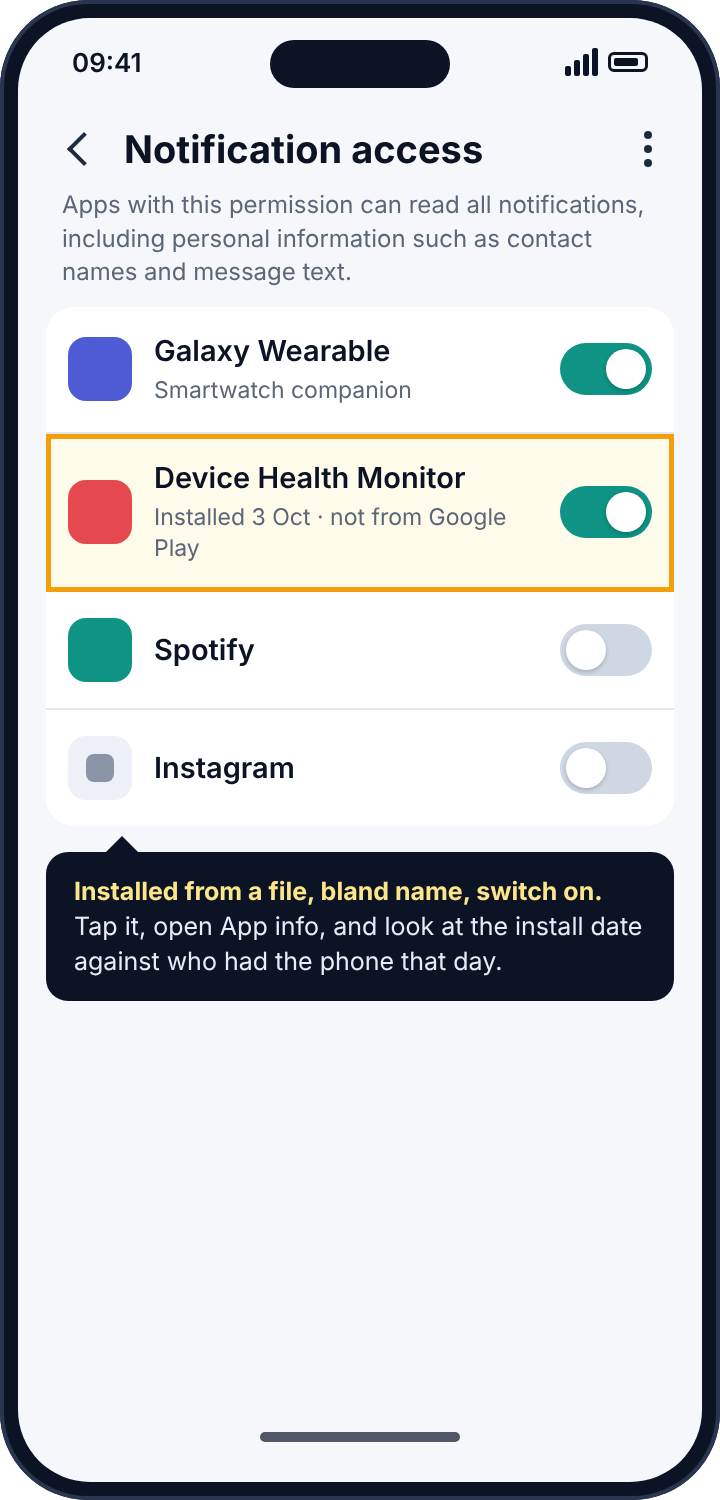 Android's Notification access screen with an unrecognised app named Device Health Monitor switched on and highlighted