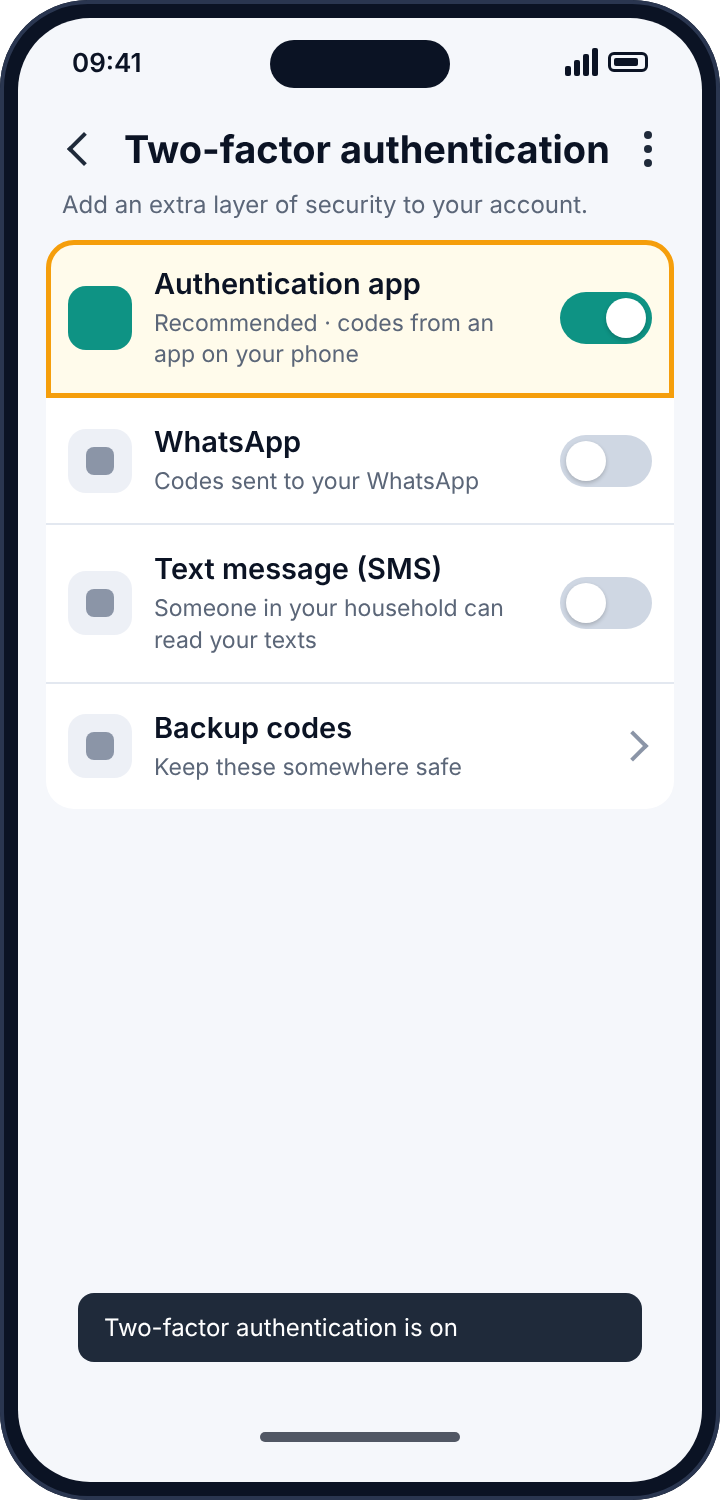 Instagram's two-factor authentication screen with the authentication app option switched on