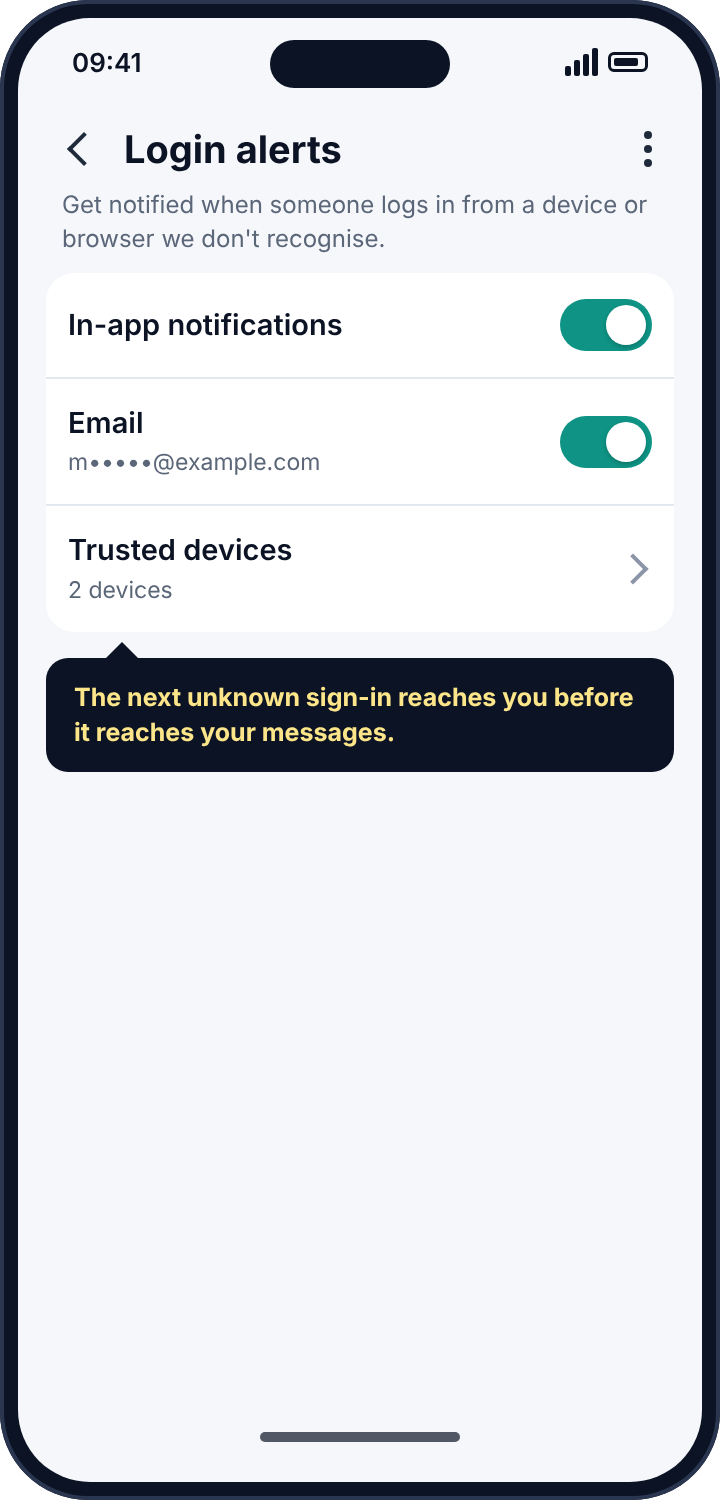 Instagram's Login alerts screen with in-app and email alerts switched on