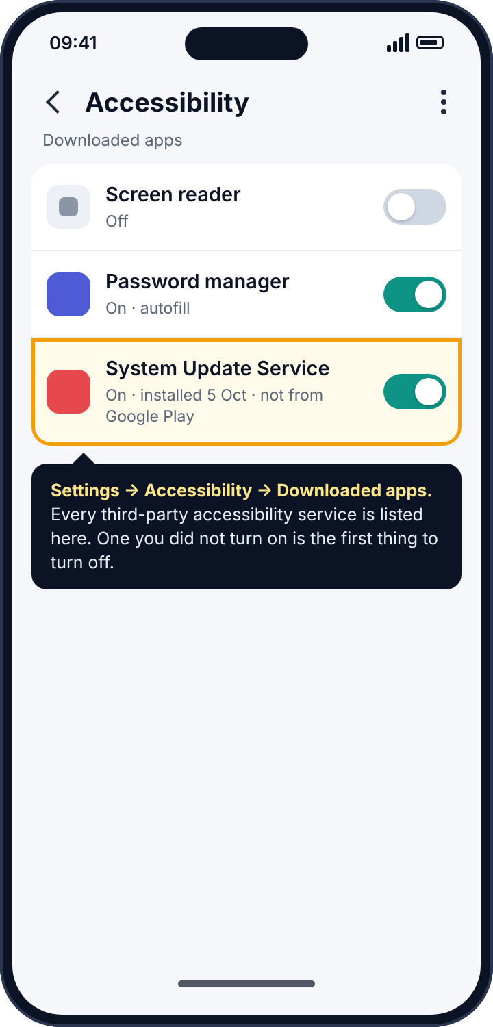 Android's Accessibility settings listing downloaded services, with an unrecognised service named System Update Service switched on