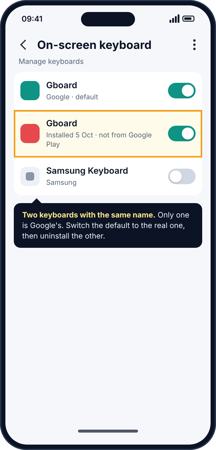 Android's Manage keyboards screen listing two keyboards with the same name, one installed from a downloaded file and highlighted
