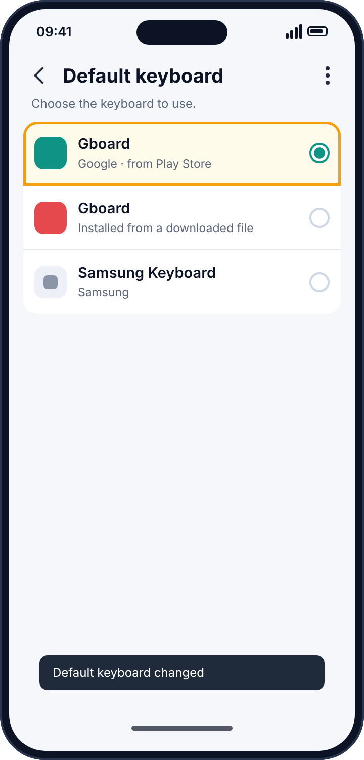 Android's default keyboard chooser with the genuine Play Store keyboard selected
