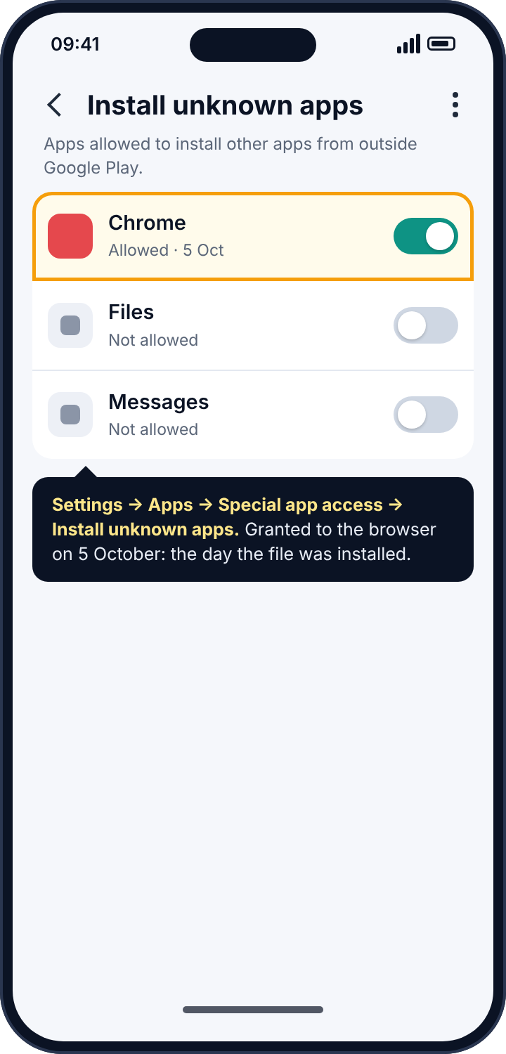 Android's Install unknown apps screen showing the browser granted permission on a specific date