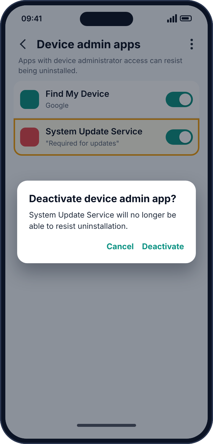 Android's Device admin apps screen with a confirmation dialog for deactivating an unrecognised app
