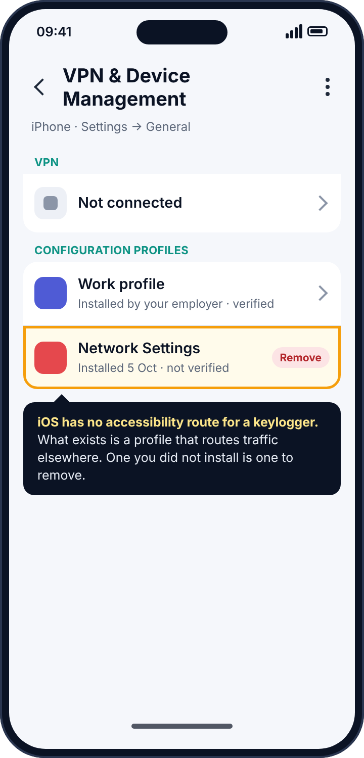 An iPhone's VPN and Device Management settings showing a verified work profile and an unverified profile installed recently, highlighted