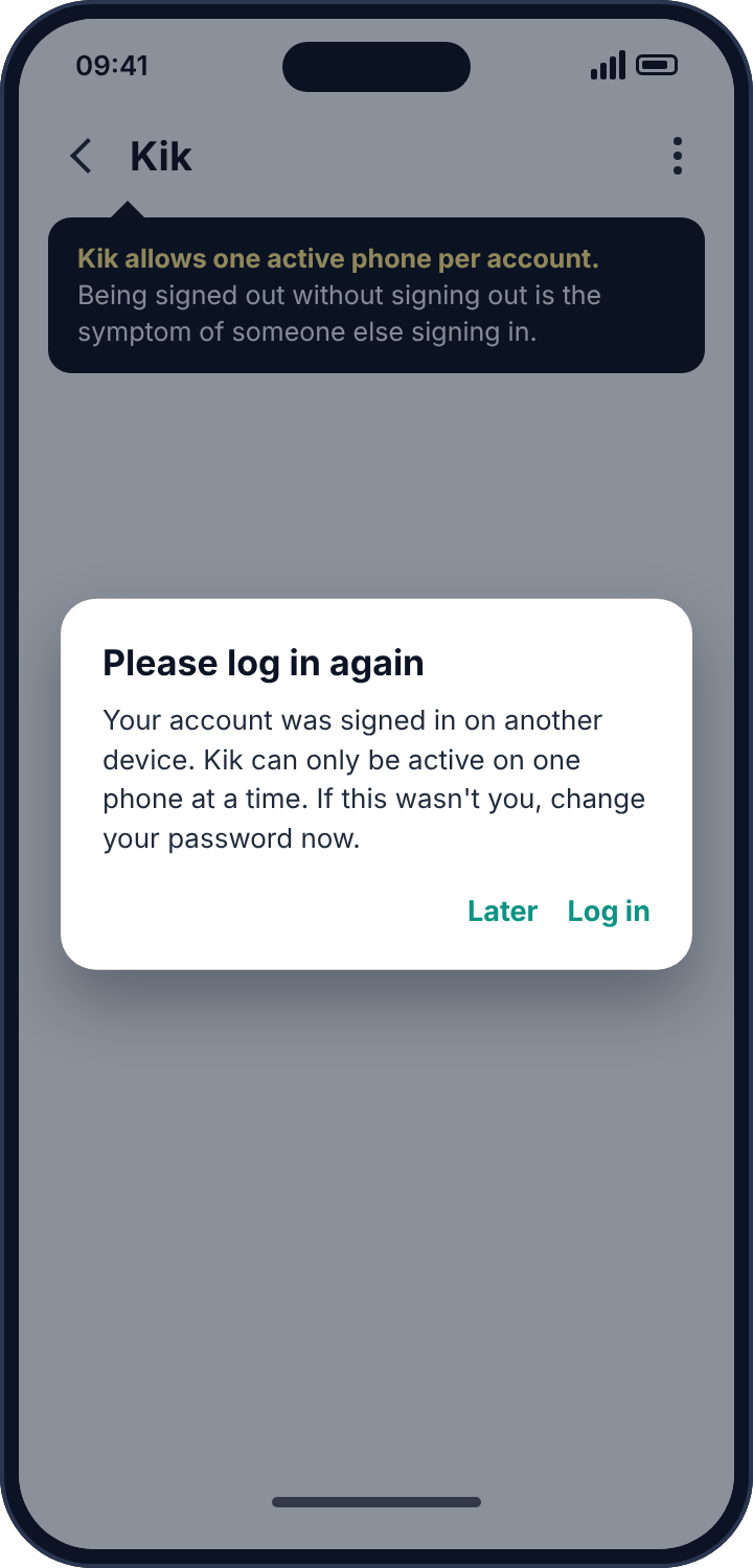 Kik asking the user to log in again because the account was signed in on another device