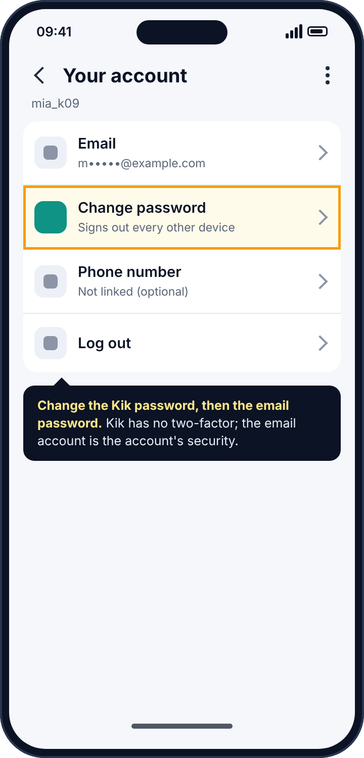 Kik's account settings with Change password highlighted